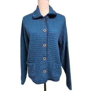Mododoc Waffle Weave Button Jacket Coat Teal Blue 100% Cotton Women’s Size S‎